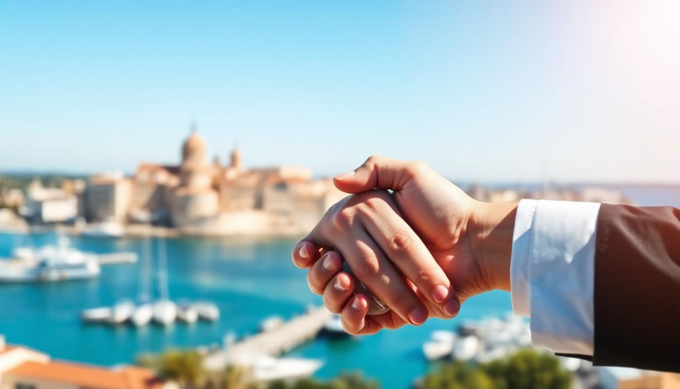 Business partnership handshake with Malta harbour